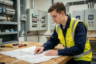 Étudiant en formation électricité BTP analysant un schéma électrique dans un atelier professionnel