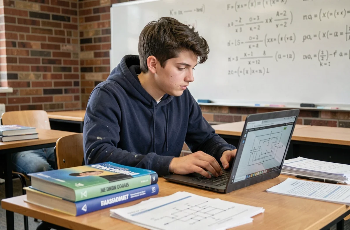 Étudiant en ingénierie concentré sur son ordinateur portable dans une salle d'étude universitaire entourée de manuels techniques