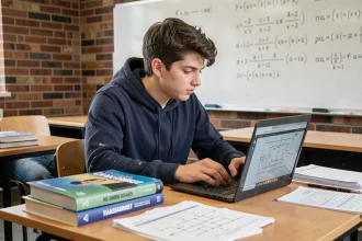 Étudiant en ingénierie concentré sur son ordinateur portable dans une salle d'étude universitaire entourée de manuels techniques