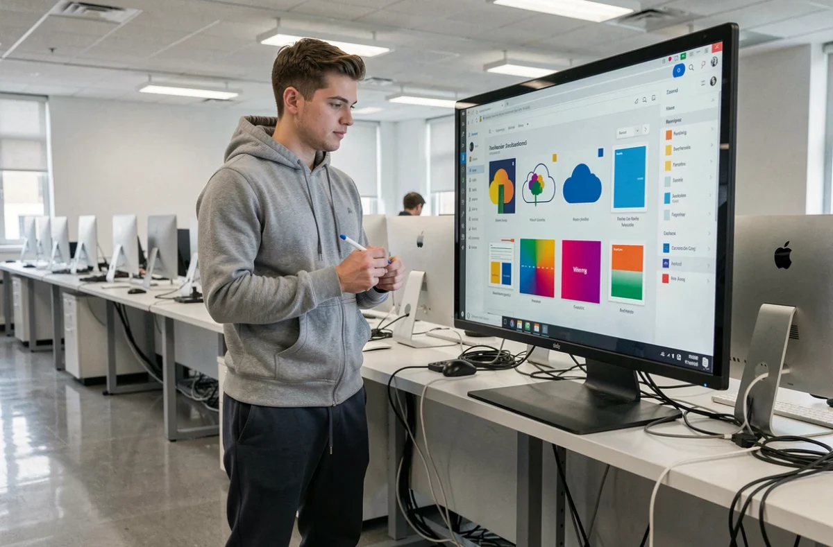 Étudiant en graphic design explorant une interface cloud sur grand écran dans une salle de cours moderne de MJM Graphic Design