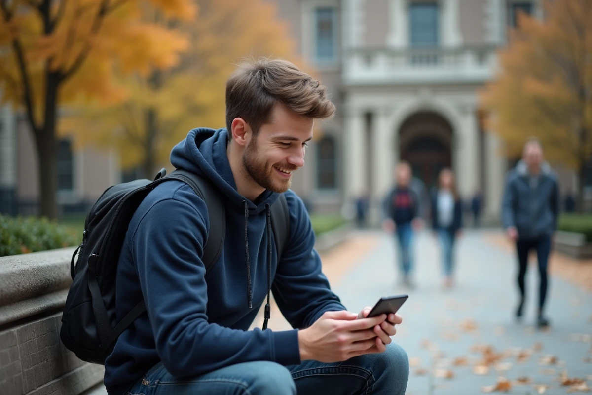 Étudiant consultant une application de messagerie collaborative Colibris sur son smartphone dans une cour universitaire