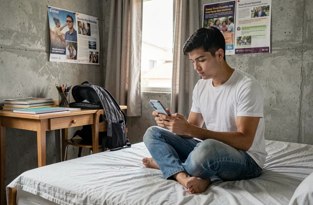Étudiant consultant la messagerie universitaire sur son smartphone dans sa chambre de résidence