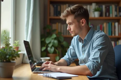 Jeune &eacute;tudiant au bureau avec son ordinateur et planning udl