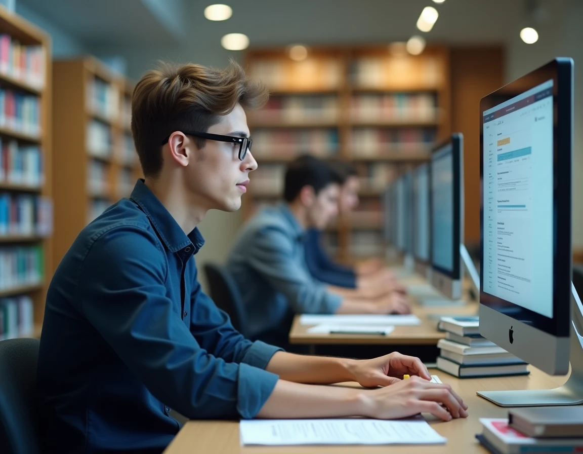 Étudiant masculin accédant à son espace numérique Eduservices depuis une bibliothèque universitaire
