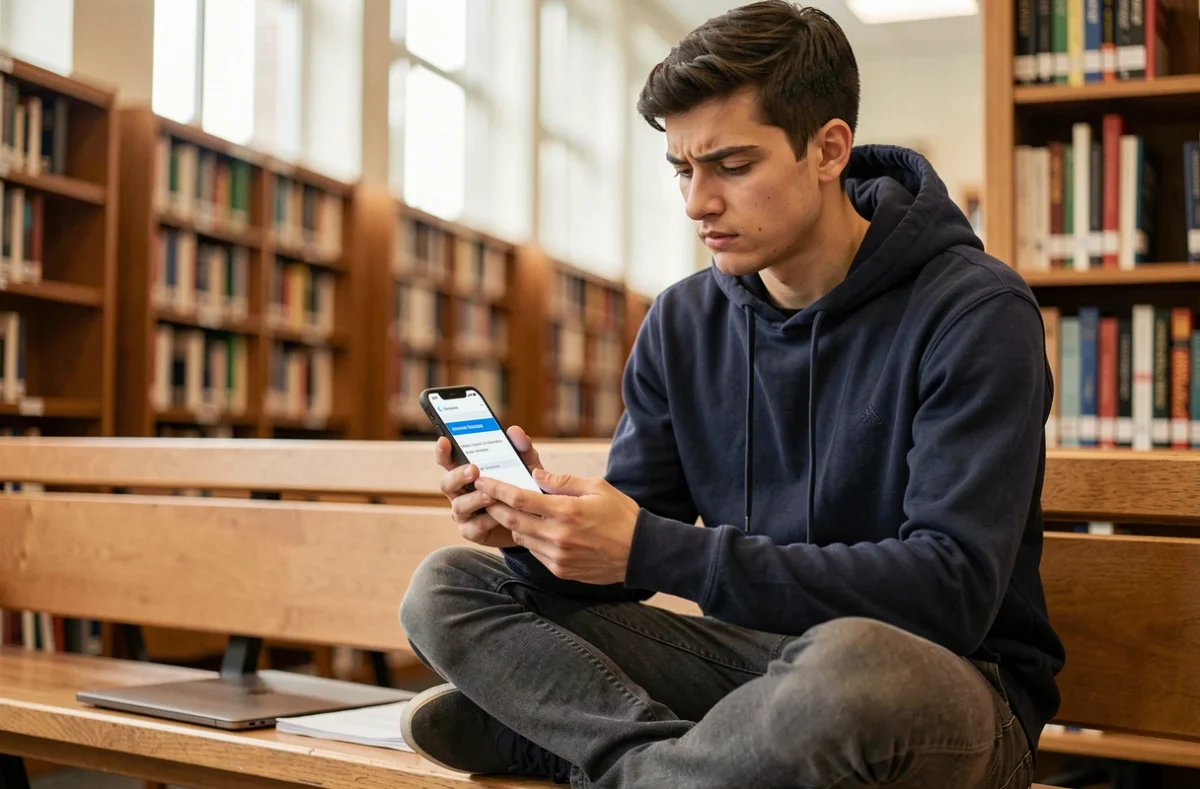 Étudiant consultant son téléphone pour réinitialiser son mot de passe oublié sur le portail Arena Académie Montpellier