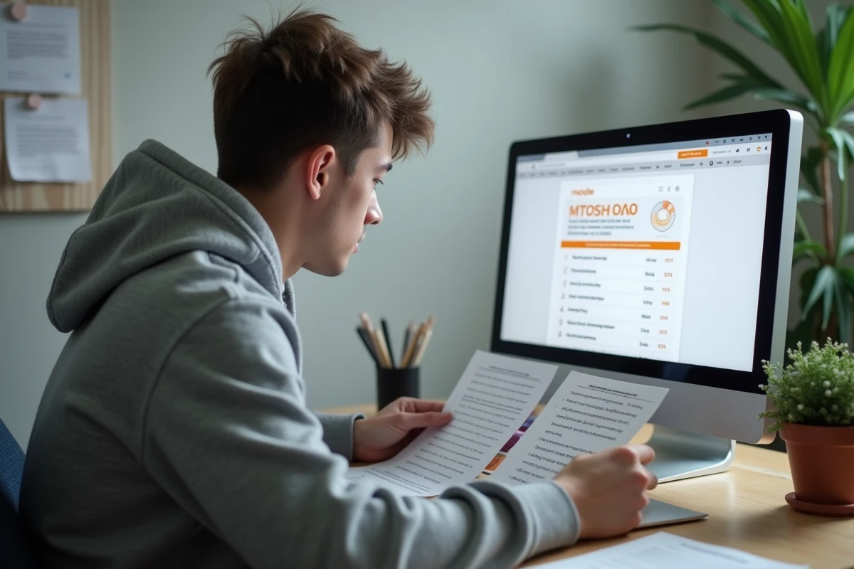 Étudiant masculin vérifiant ses résultats académiques et commentaires professeurs sur la plateforme Moodle UHA depuis son appartement