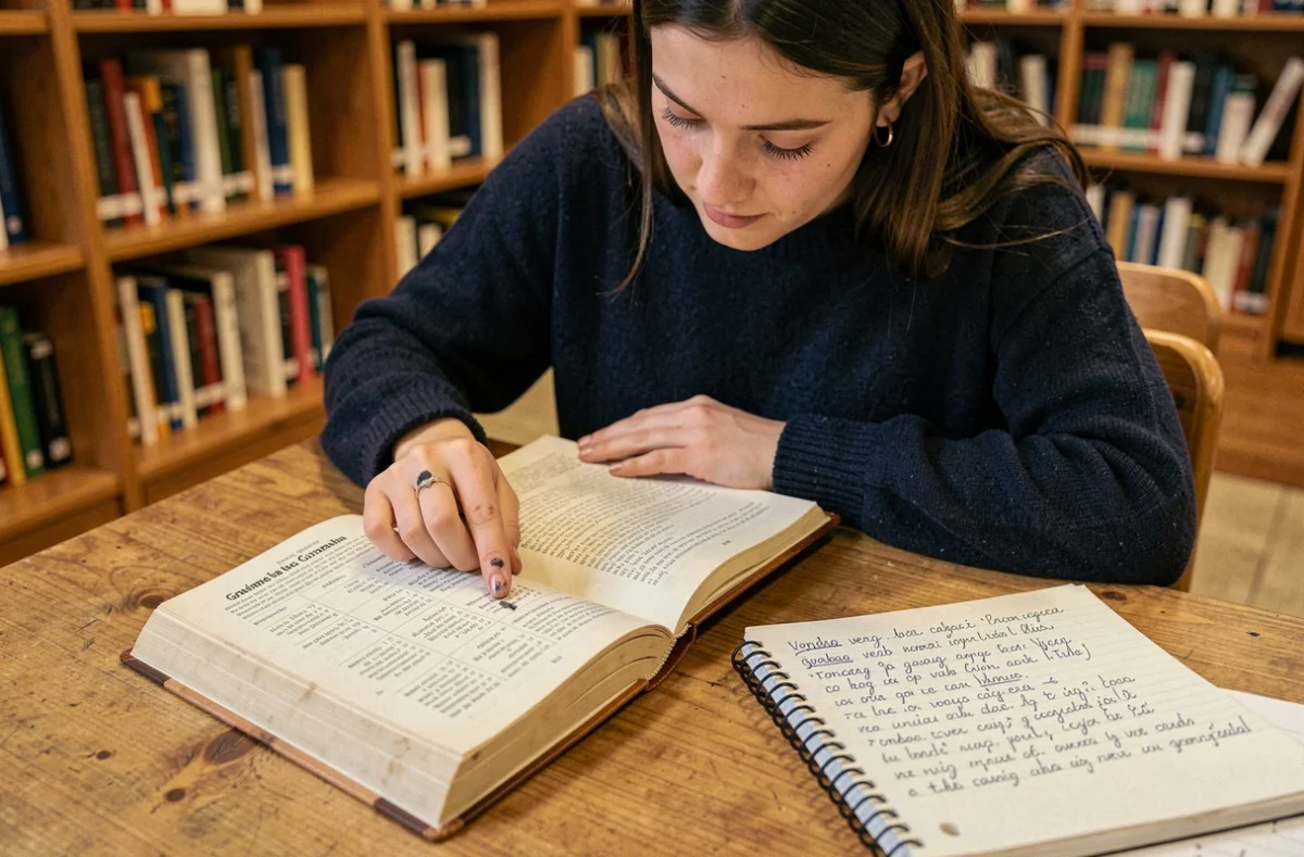 Étudiante révisant la conjugaison du passé simple espagnol dans une bibliothèque universitaire avec un manuel de grammaire ouvert