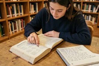 Étudiante révisant la conjugaison du passé simple espagnol dans une bibliothèque universitaire avec un manuel de grammaire ouvert