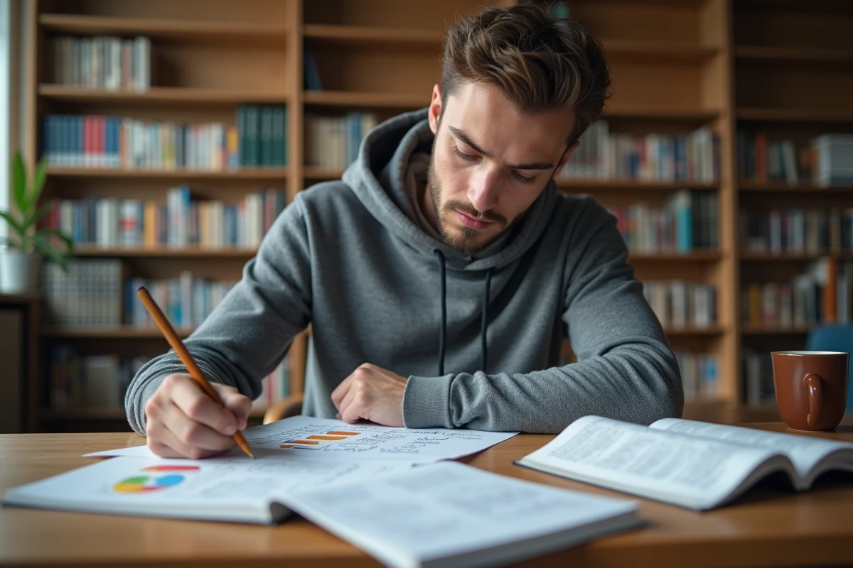 Étudiant révisant les déclinaisons allemandes avec des fiches manuscrites dans une bibliothèque universitaire