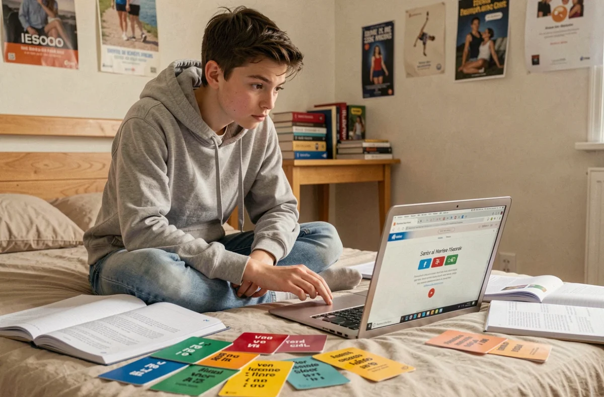 Adolescent révisant la conjugaison du verbe rejoindre au passé simple sur son lit avec des fiches de révision et un ordinateur portable