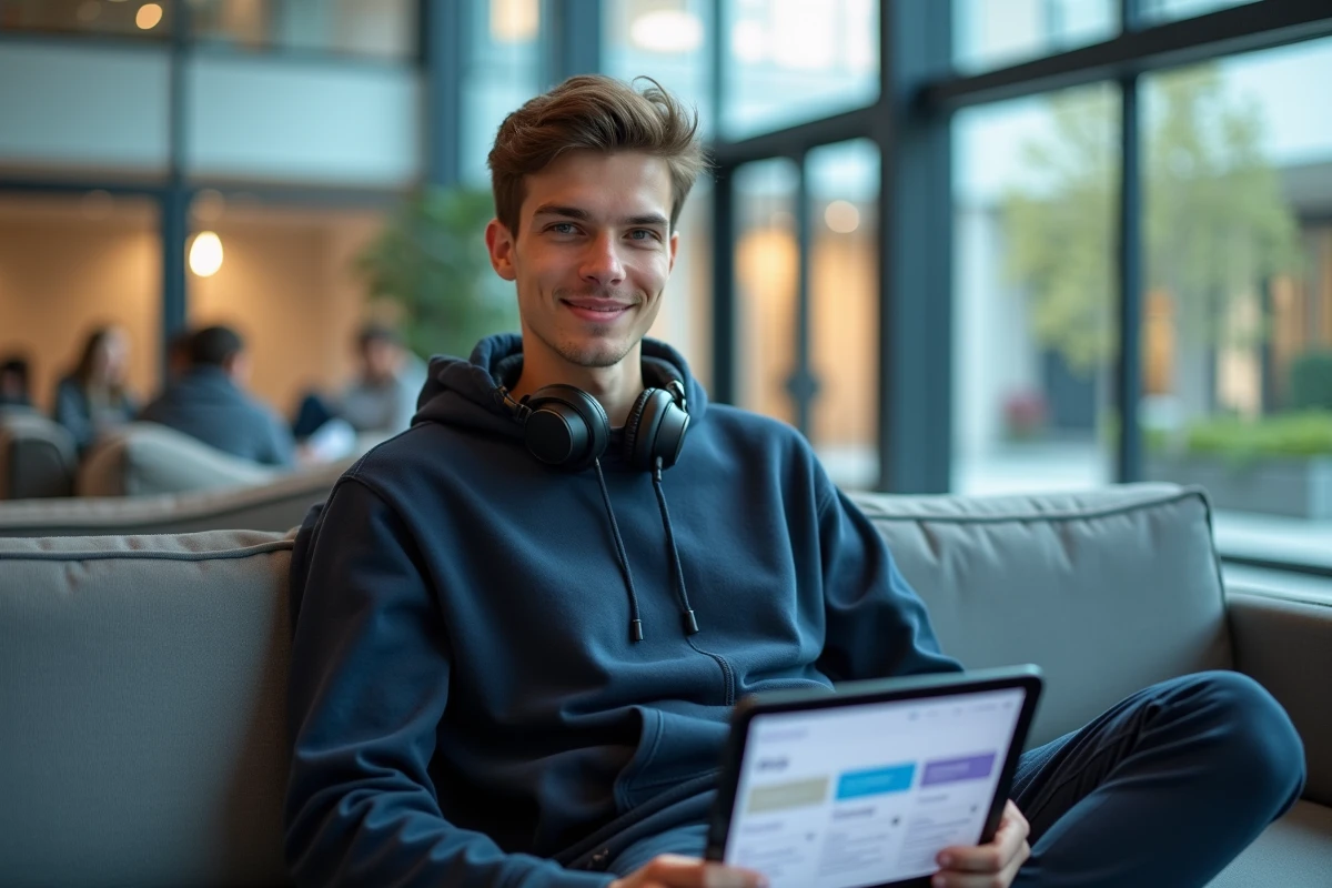 Étudiant consultant ses cours et e-mails sur une tablette dans un espace commun universitaire