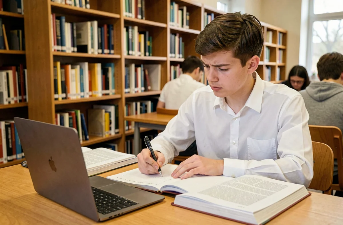 Étudiant en terminale prenant des notes de philosophie dans une bibliothèque scolaire en préparation du bac 2026