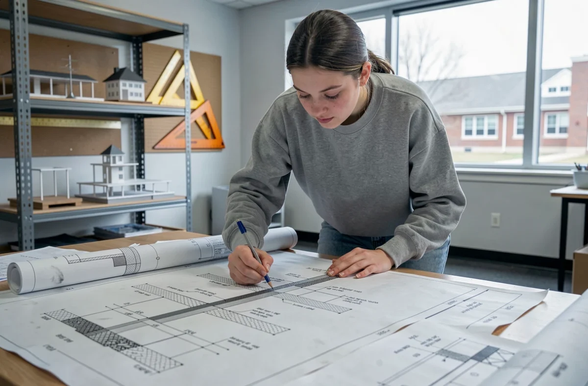 Étudiante en architecture étudiant des plans de coupe transversale sur une table à dessin technique