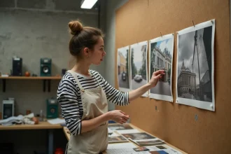 Étudiante examinant des tirages photographiques dans un atelier de l'école des Gobelins, ambiance studio authentique