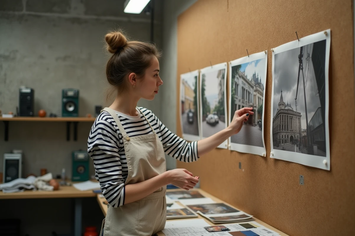 Étudiante examinant des tirages photographiques dans un atelier de l'école des Gobelins, ambiance studio authentique