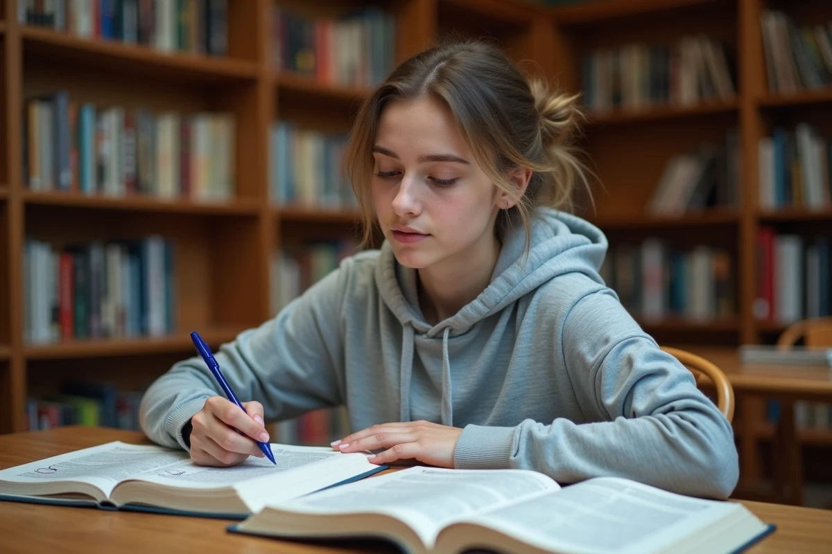 Étudiante en bibliothèque annotant une liste de connecteurs logiques dans ses notes manuscrites