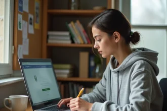 Étudiante connectée à son espace mycampus sur un ordinateur portable dans sa chambre universitaire