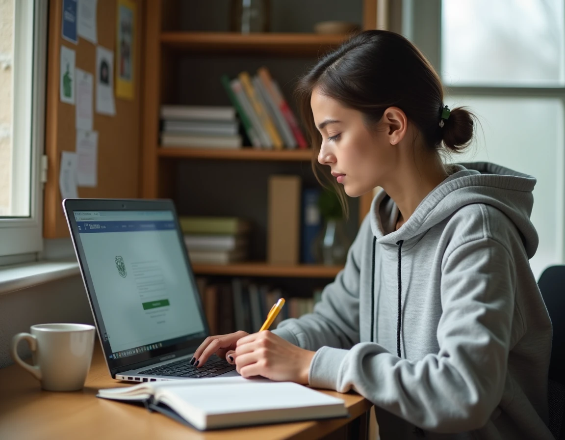 Étudiante connectée à son espace mycampus sur un ordinateur portable dans sa chambre universitaire