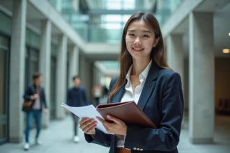 Étudiante en école de commerce tenant un portfolio devant un bâtiment universitaire moderne, illustrant les doubles diplômes en 2026