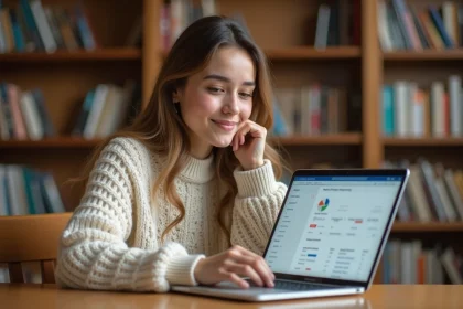 Étudiante utilisant un ENT universitaire sur un ordinateur portable dans une bibliothèque