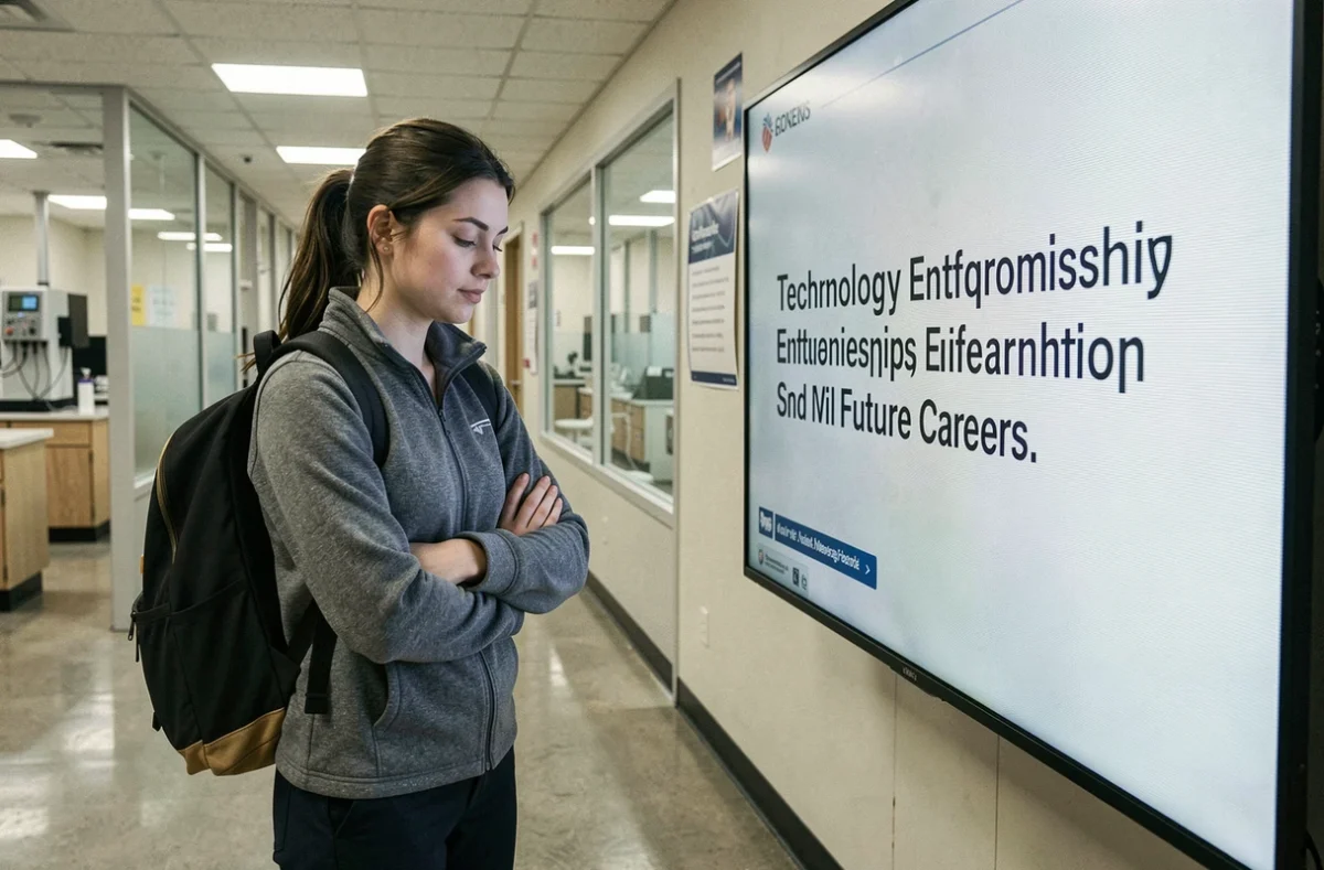 Étudiante en ingénierie lisant un article sur les carrières technologiques affiché sur un écran numérique dans un couloir universitaire