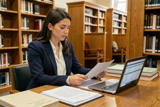 Étudiante en master de finance révisant des documents financiers dans une bibliothèque universitaire
