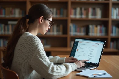 Étudiante consultant ses notes et feedbacks enseignants sur Moodle depuis un ordinateur portable dans une bibliothèque universitaire