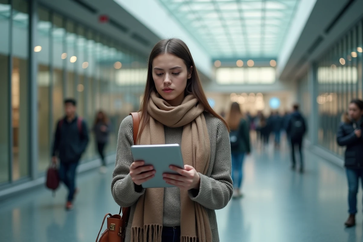 &Eacute;tudiante v&eacute;rifiant son emploi du temps udl sur une tablette dans un couloir