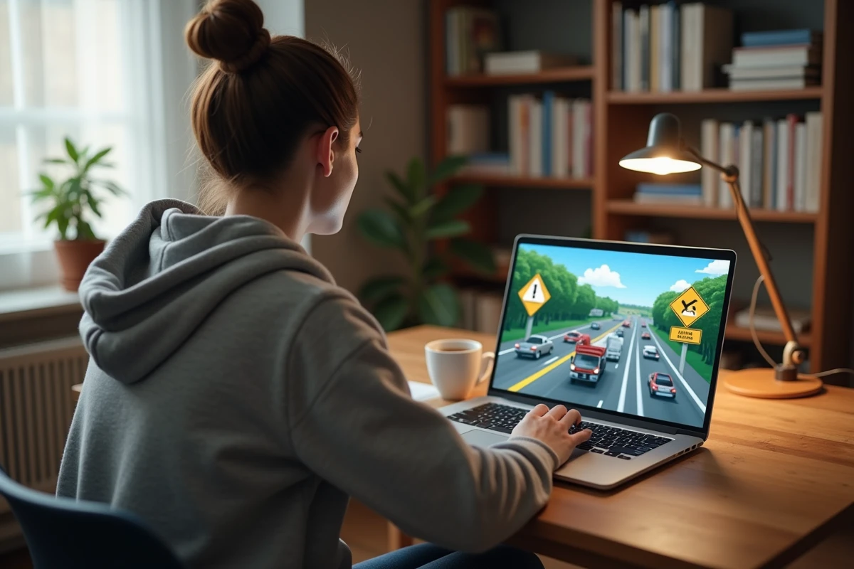 Étudiante regardant des vidéos de code de la route moto sur ordinateur portable à son bureau