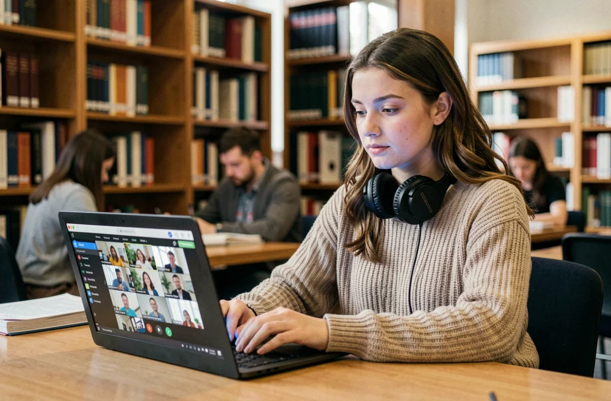Étudiante utilisant une plateforme de visioconférence sur son ordinateur portable dans une bibliothèque universitaire