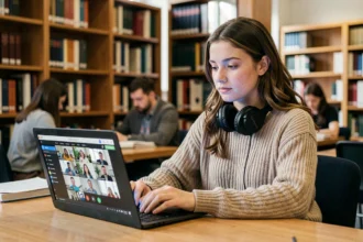 Étudiante utilisant une plateforme de visioconférence sur son ordinateur portable dans une bibliothèque universitaire