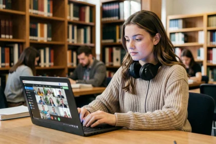 Étudiante utilisant une plateforme de visioconférence sur son ordinateur portable dans une bibliothèque universitaire