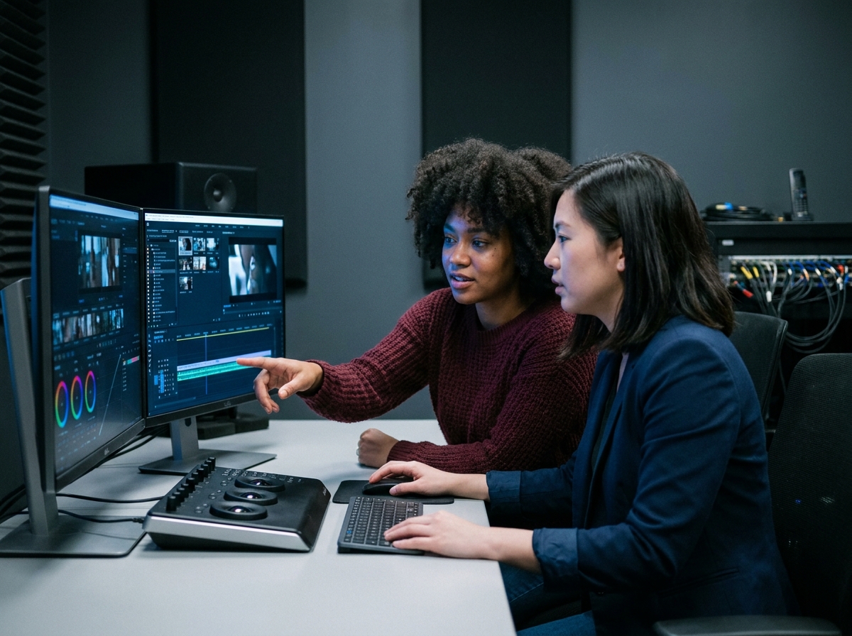 Deux étudiantes en cinéma collaborant sur un poste de montage et d'étalonnage dans une salle de post-production professionnelle