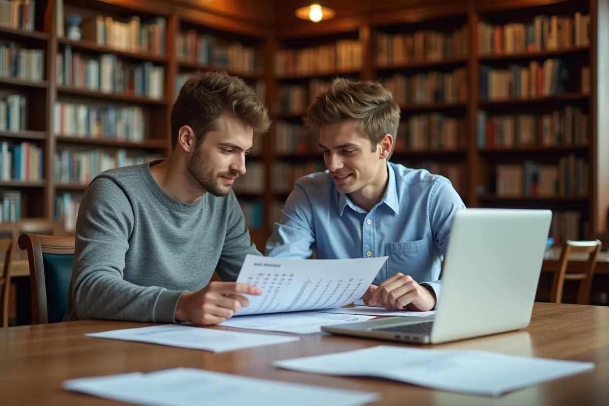 Deux étudiants en école de commerce comparant des classements de doubles diplômes dans une bibliothèque universitaire