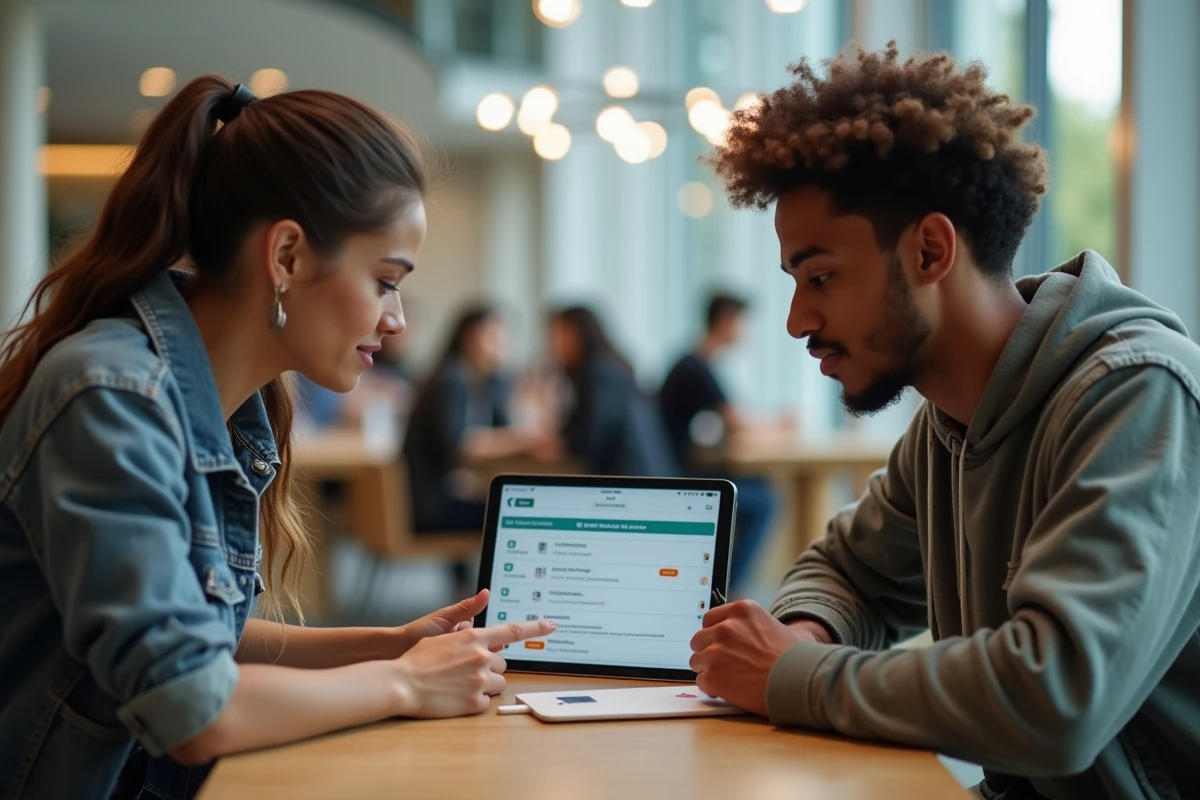 Deux étudiants universitaires consultant ensemble les notes et retours pédagogiques sur Moodle depuis une tablette en salle commune du campus