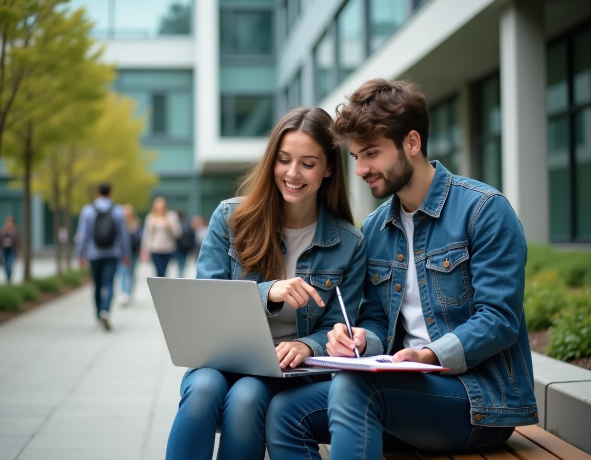 Deux étudiants consultant ensemble le portail mycampus Eduservices en extérieur sur le campus