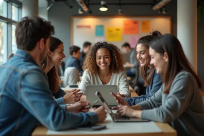 Groupe d'étudiants universitaires souriants autour d'une table
