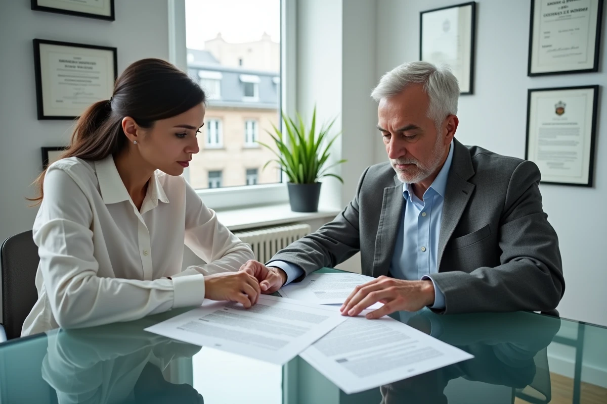 Conseiller et candidat examinant ensemble un contrat de formation BTP aux clauses tarifaires complexes