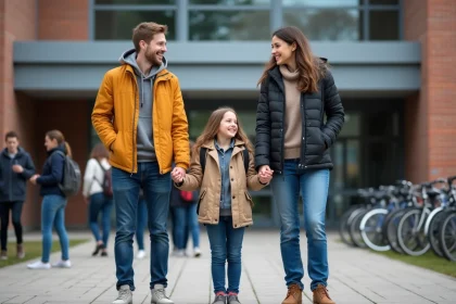 Parents et fille devant le lyc&eacute;e Edmond Labb&eacute; en automne