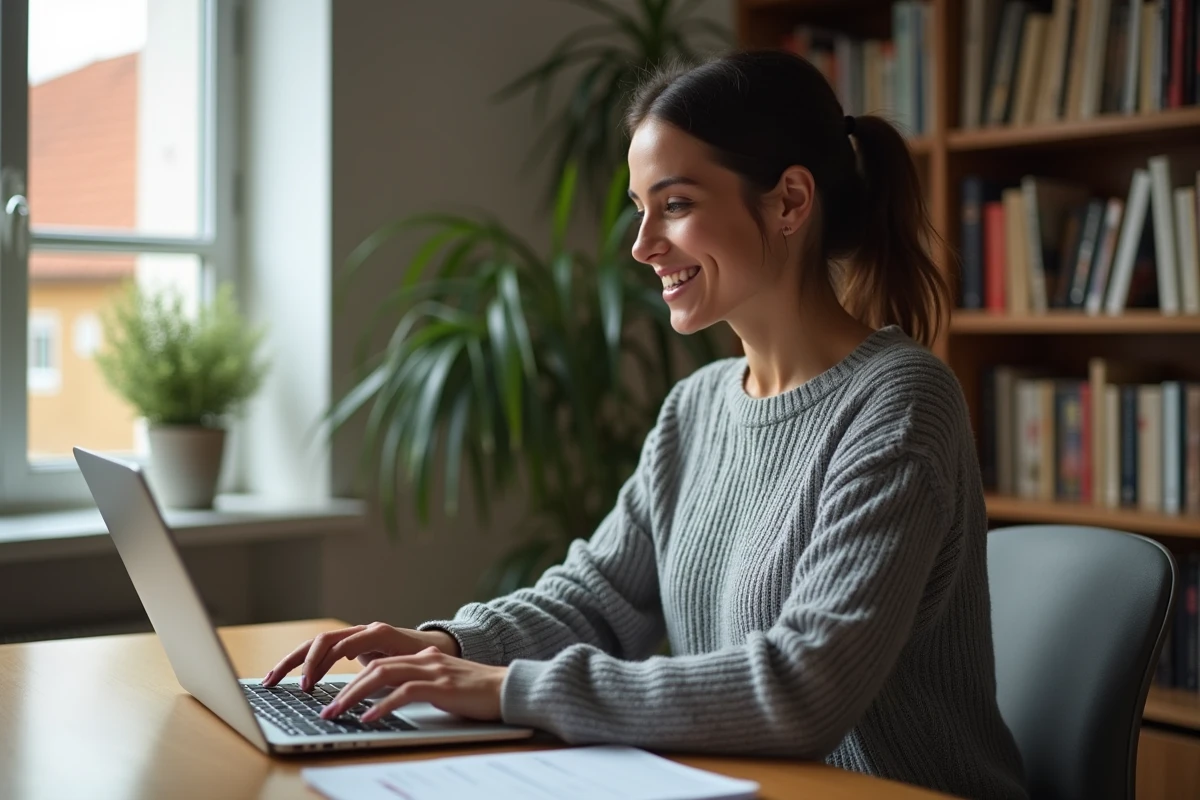 Femme consultant le portail melouvert Orléans Tours sur un ordinateur portable depuis son domicile