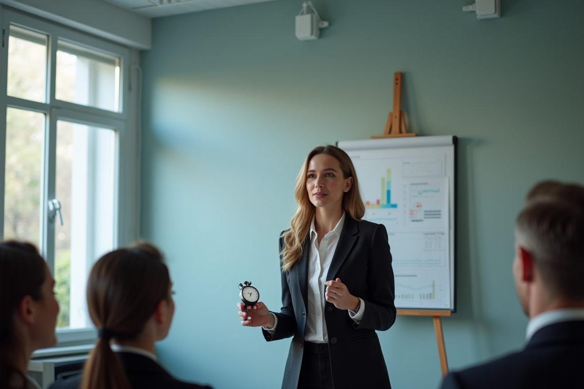 Femme d'affaires confiante présente avec un chronomètre