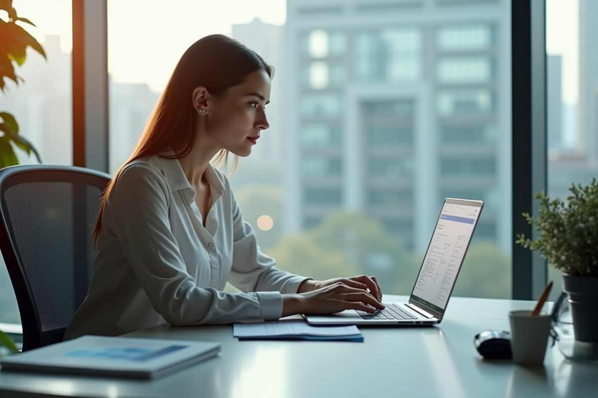 Femme d'affaires travaillant sur un ordinateur dans un bureau lumineux