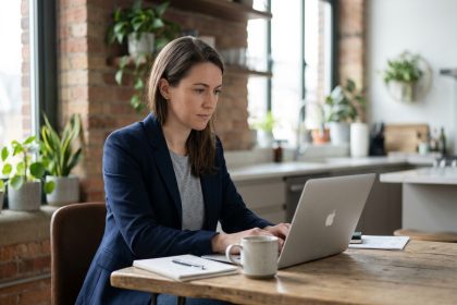 Femme en blazer bleu travaillant sur son ordinateur dans un appartement lumineux