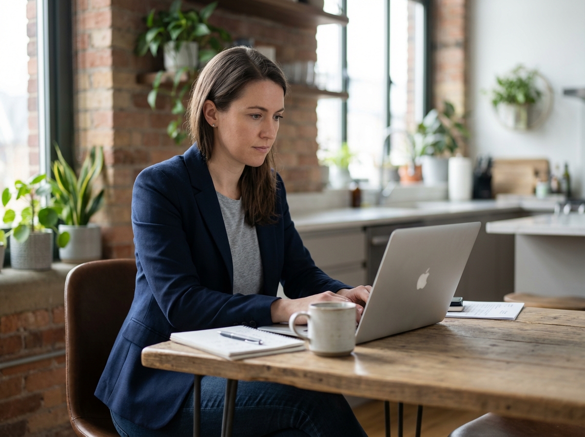 Femme en blazer bleu travaillant sur son ordinateur dans un appartement lumineux