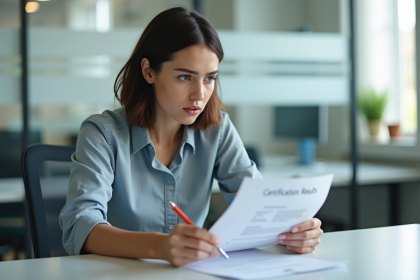 Jeune femme au bureau regardant un certificat de résultats