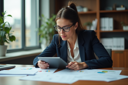 Femme en bureau moderne consulte documents et tablette