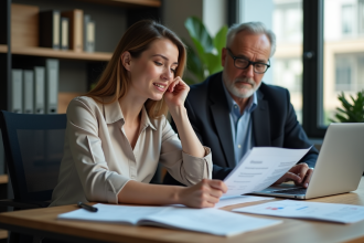 Jeune femme au bureau discutant de documents avec un homme