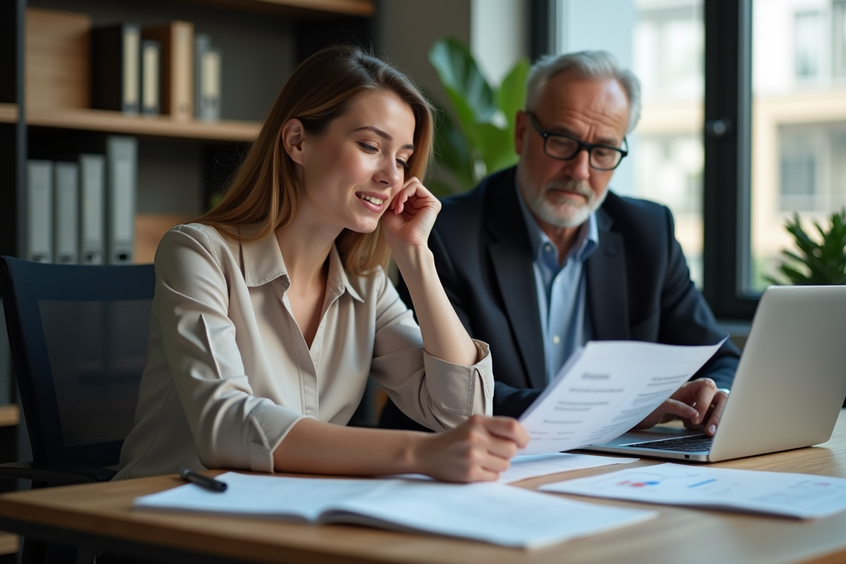 Jeune femme au bureau discutant de documents avec un homme