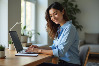 Femme au bureau à domicile travaillant sur son ordinateur
