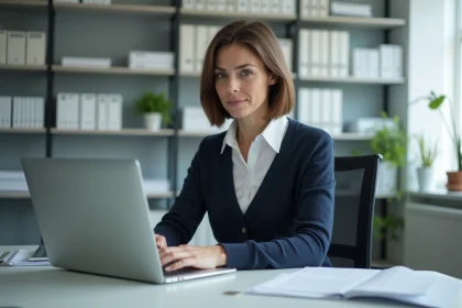 Femme concentrée travaillant sur un ordinateur dans un bureau moderne